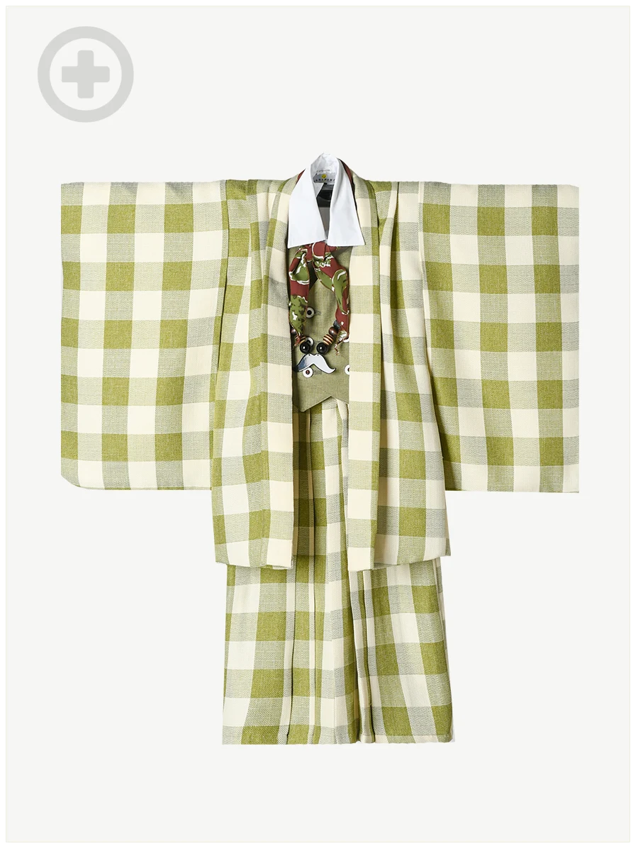 七五三着物3歳男の子：SABINUKI(緑チェック)羽織袴タイプ