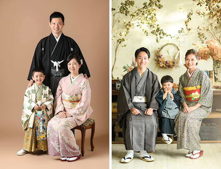 しっかりした家族写真と自然光のカジュアルな家族写真の２枚
