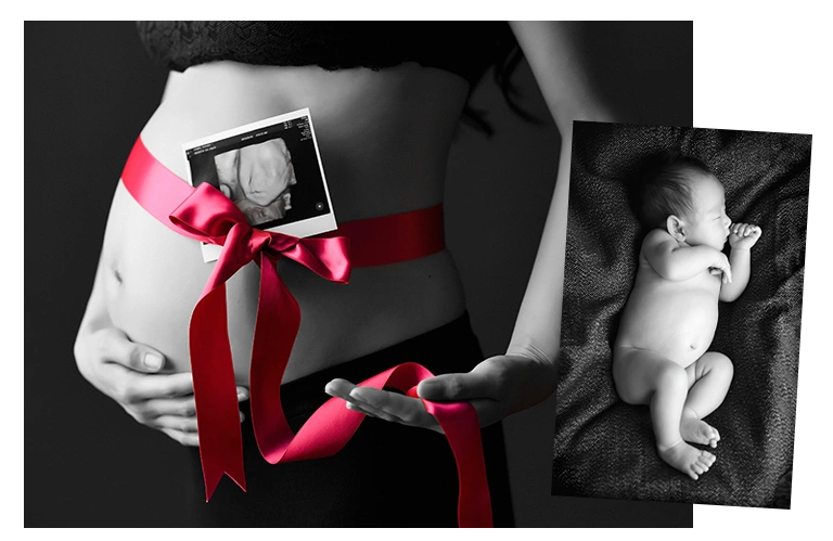 モノクロ写真で撮られたマタニティフォトとニューボーンフォトの写真