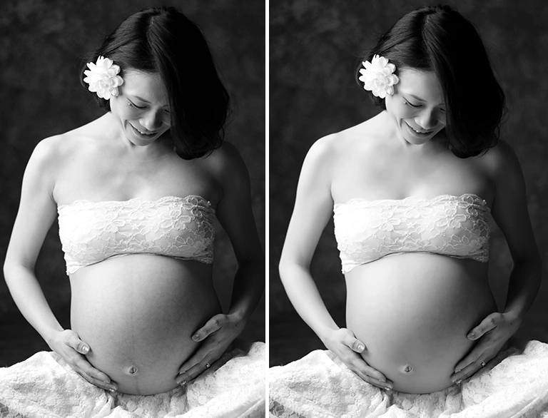 マタニティフォトの修正前と後の比較画像